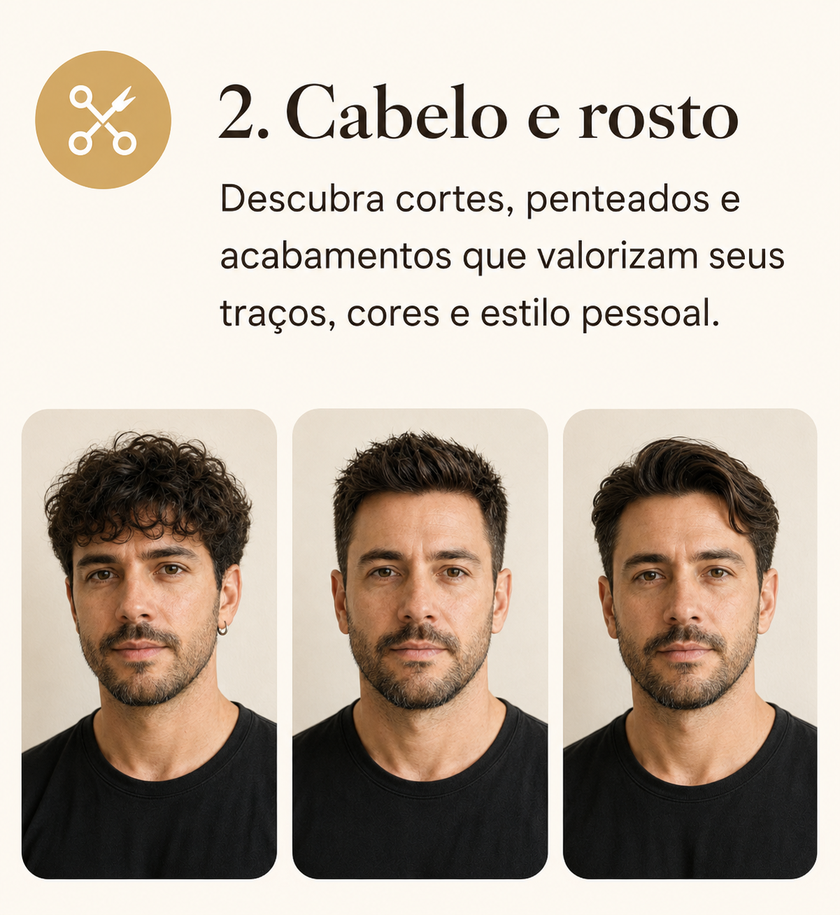 Simulações de cabelo e rosto com cortes, penteados e acabamentos.